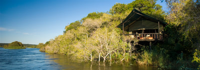Accommodation overlooking the Zambezi River, Islands of Siankaba, Livingstone.