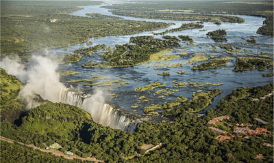 Aerial view of Victoria Falls Resort and the Falls. 